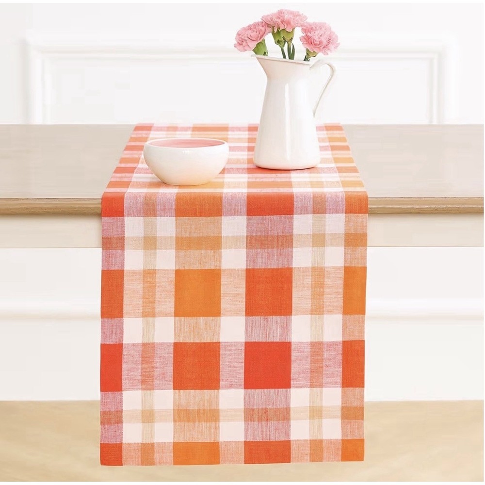 Solino Home Table Runner 100% Linen in Pumpkin Buffalo Check - 14x46 In - NWOB
